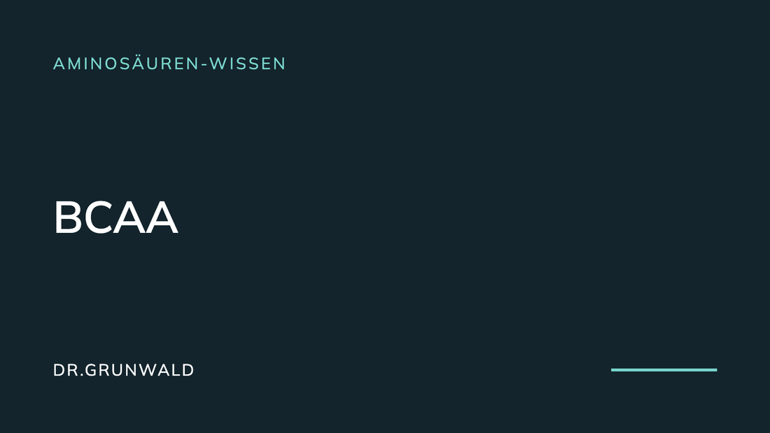 Artikel-Cover: BCAA, Leucin, Isoleucin und Valin erklärt. Typografische Grafik aus dem DR.GRUNWALD Wissensbereich, Rubrik Aminosäuren-Wissen.