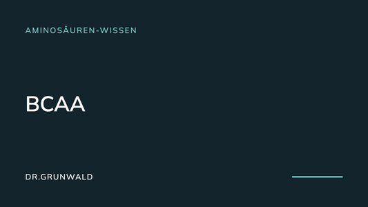 Artikel-Cover: BCAA, Leucin, Isoleucin und Valin erklärt. Typografische Grafik aus dem DR.GRUNWALD Wissensbereich, Rubrik Aminosäuren-Wissen.