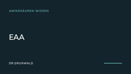 Artikel-Cover: EAA, die neun essentiellen Aminosäuren. Typografische Grafik aus dem DR.GRUNWALD Wissensbereich, Rubrik Aminosäuren-Wissen.