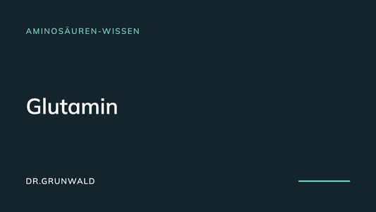 Artikel-Cover: Glutamin, was es ist und wo es vorkommt. Typografische Grafik aus dem DR.GRUNWALD Wissensbereich, Rubrik Aminosäuren-Wissen.